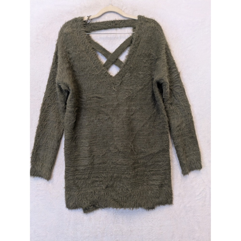 Ruby Moon Sweater Dress Women's XS Olive Green Fuzzy Strappy V-Neck Eyelash Knit